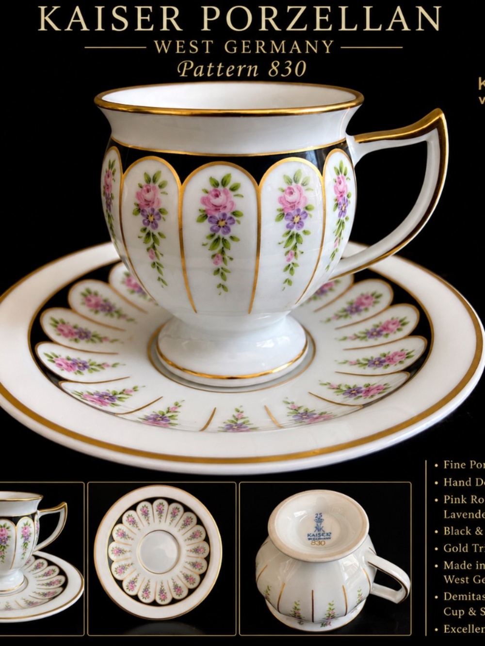 Vintage Kaiser Porzellan West Germany Pattern 830 Demitasse Cup & Saucer